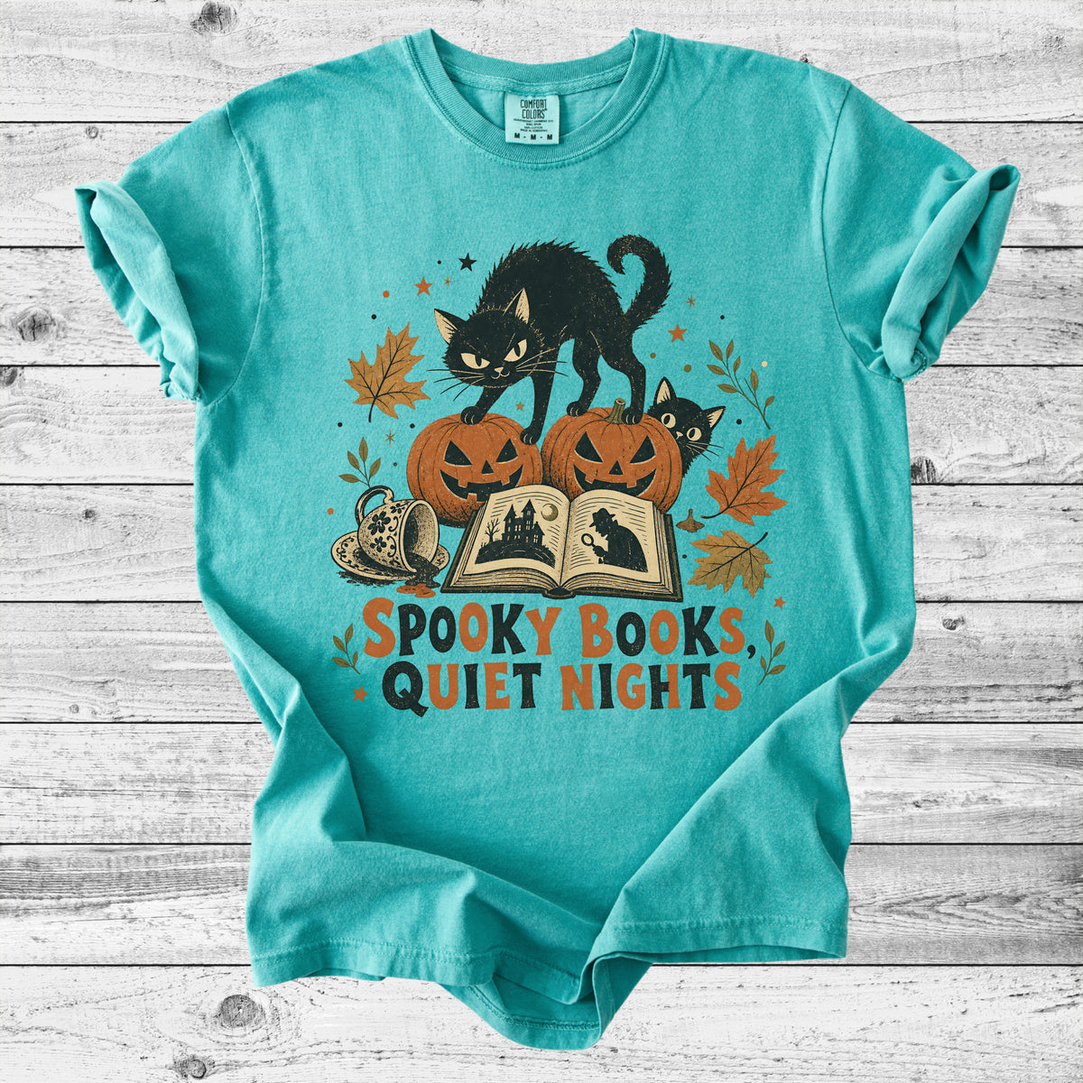 Spooky Books, Quiet Nights Cat T-Shirt | Bookish Halloween Cat Lover Gift
