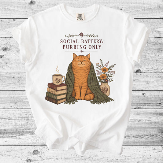 Social Battery: Purring Only Cat T-Shirt | Introvert Cat Mom Gift