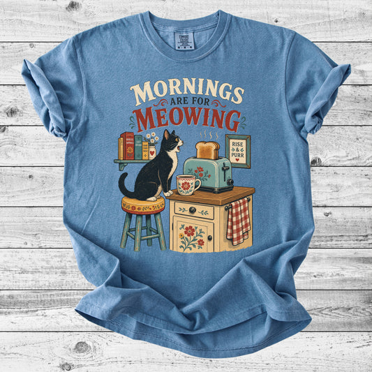 Mornings Are For Meowing T-Shirt | Retro Cat Mom Gift