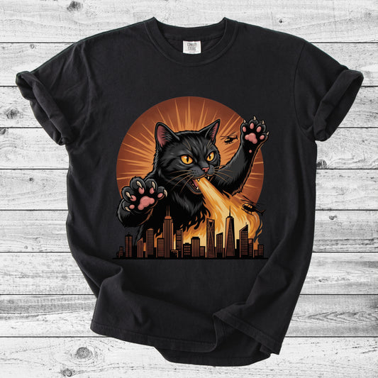 Black Cat Breathing Fire T-Shirt | Edgy Cat Lover Gift