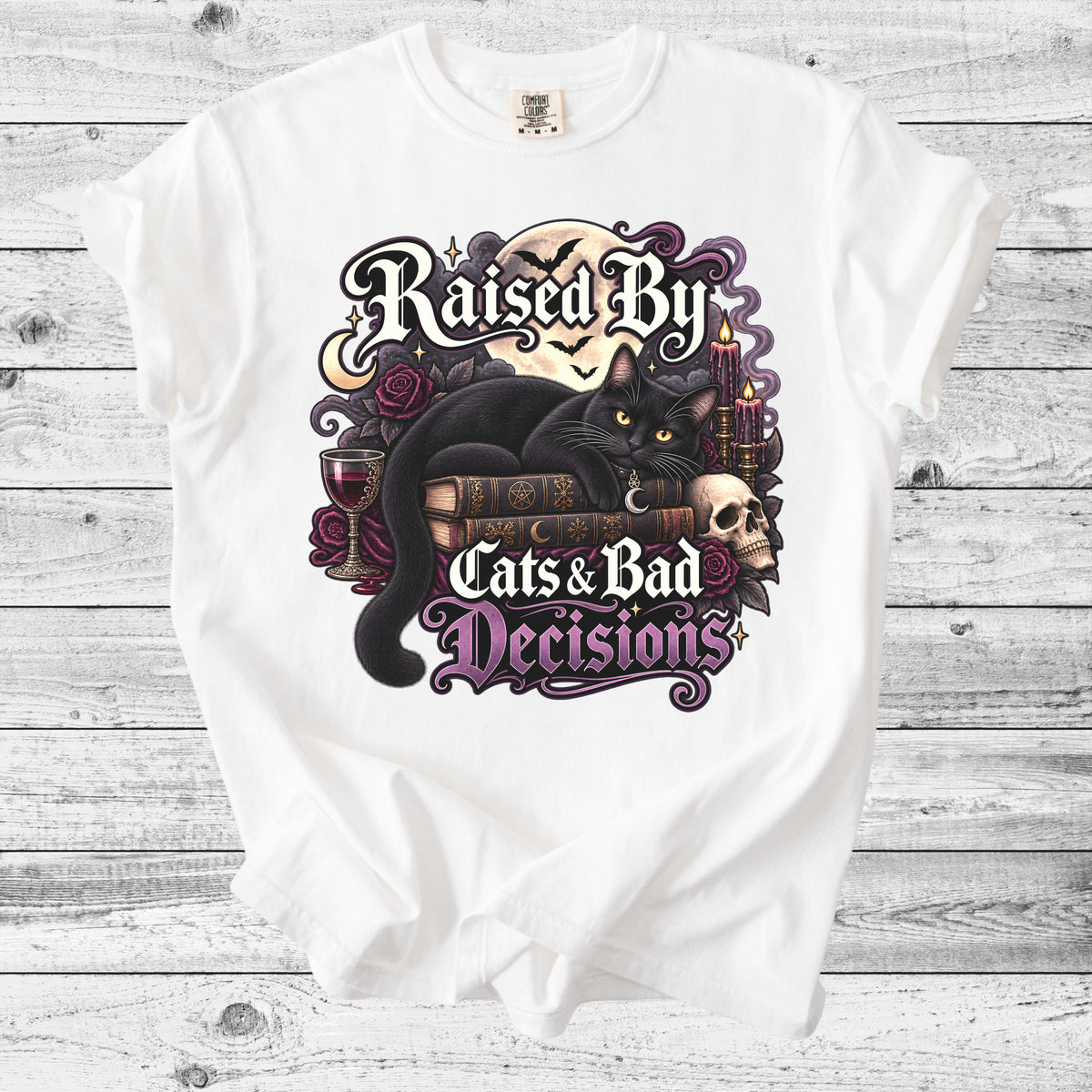 Raised By Cats & Bad Decisions T-Shirt | Funny Cat Lover Gift
