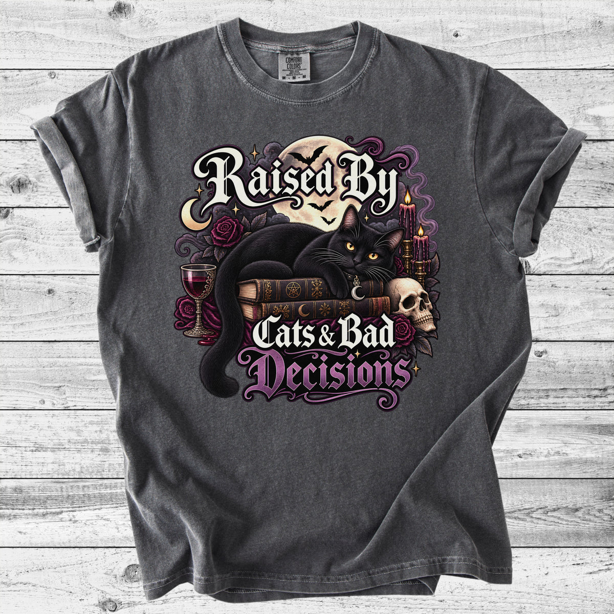 Raised By Cats & Bad Decisions T-Shirt | Funny Cat Lover Gift