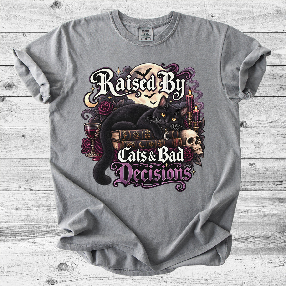 Raised By Cats & Bad Decisions T-Shirt | Funny Cat Lover Gift