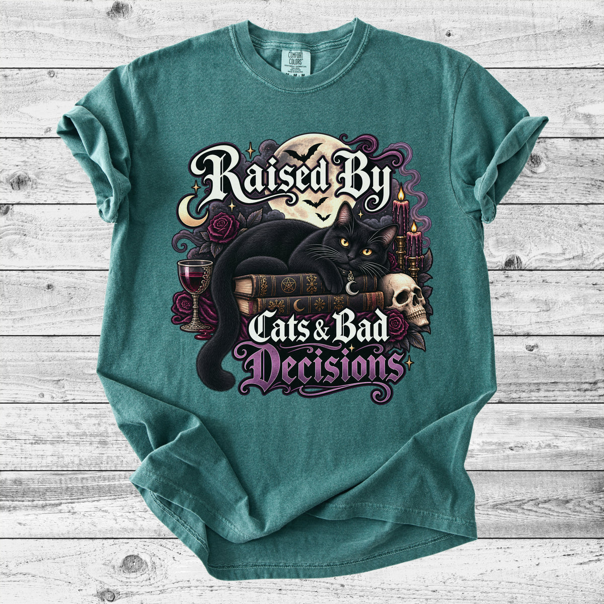 Raised By Cats & Bad Decisions T-Shirt | Funny Cat Lover Gift