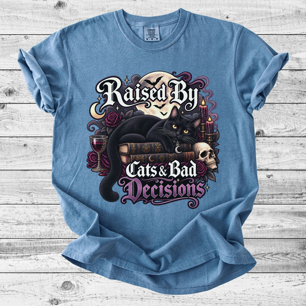 Raised By Cats & Bad Decisions T-Shirt | Funny Cat Lover Gift