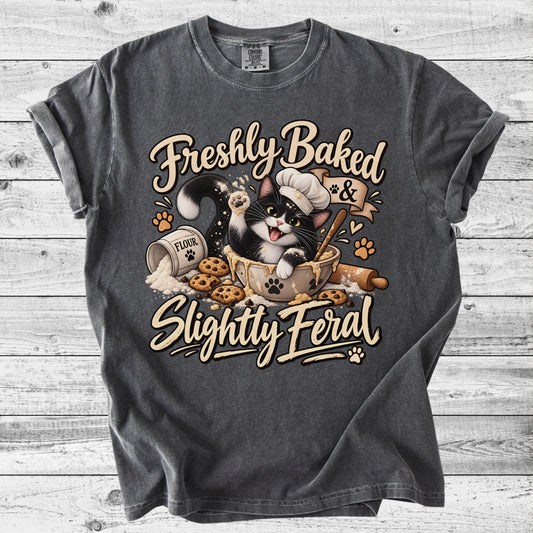 Freshly Baked & Slightly Feral Cat T-Shirt | Funny Cat Bakery Tee