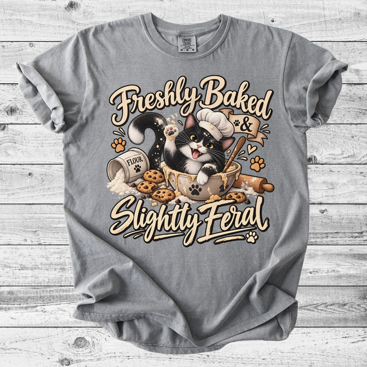 Freshly Baked & Slightly Feral Cat T-Shirt | Funny Cat Bakery Tee