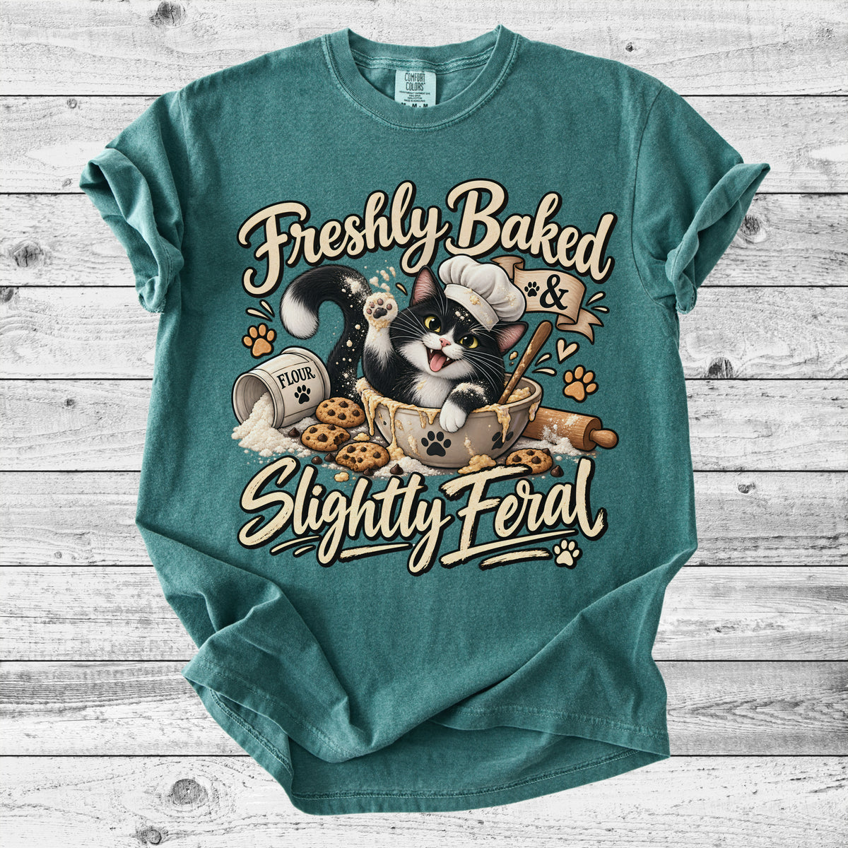 Freshly Baked & Slightly Feral Cat T-Shirt | Funny Cat Bakery Tee